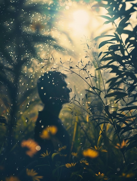 Serene Nature Silhouette at Sunrise with Dew Drops