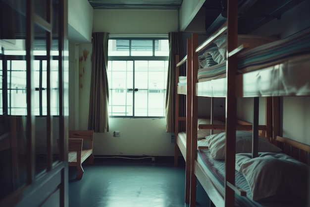 Photo a serene neatly arranged dorm room illuminated by soft daylight streaming through a large window highlighting the orderly bunk beds and calm atmosphere