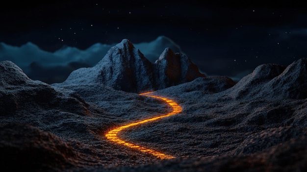 A serene night landscape featuring a glowing lava flow winding through rugged