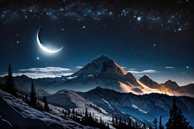 Serene night landscape featuring a mountain and crescent moon Generative AI