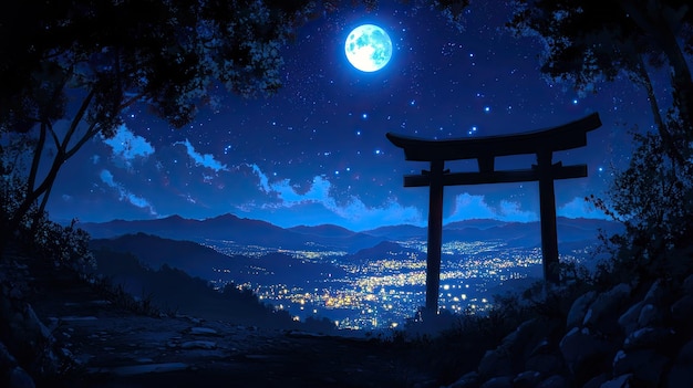 Photo a serene night landscape featuring a silhouetted torii gate on a hillside in the foreground