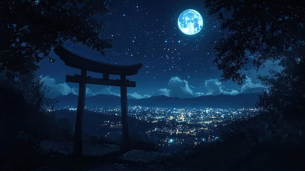 Photo a serene night landscape featuring a silhouetted torii gate on a hillside in the foreground