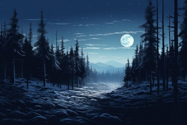 Serene night landscape with a full moon illuminating a snowy forest and mountain range