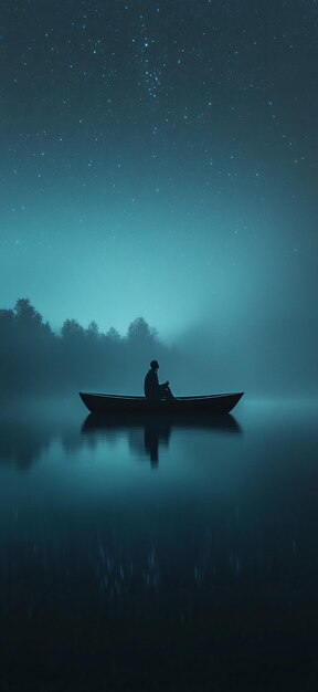 Photo serene night on a misty lake silhouette of a person in a boat under starry sky