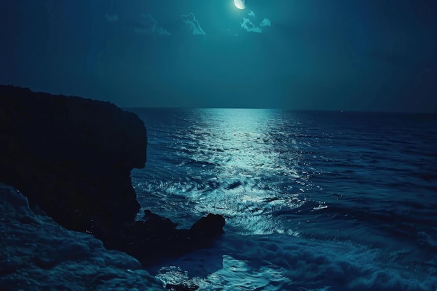 Photo serene night ocean landscape moonlight reflection relaxation meditation