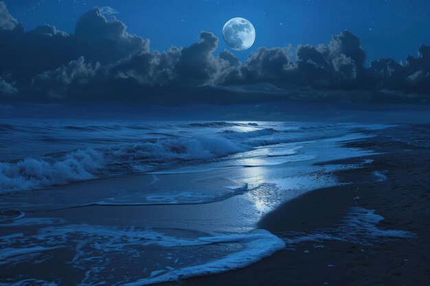 Photo serene night scene on a beach with a full moon reflection on the waves