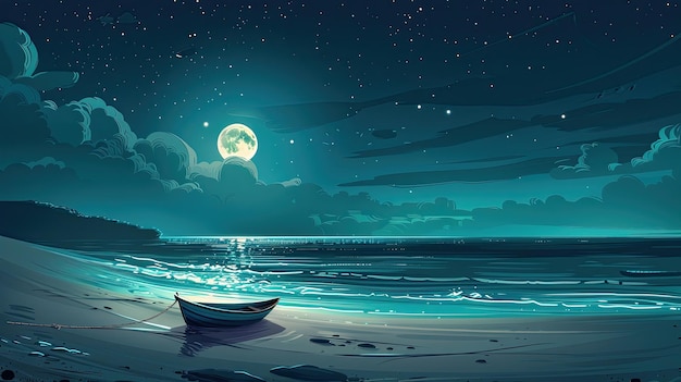 Photo a serene night scene depicting a wooden rowboat resting on the shore