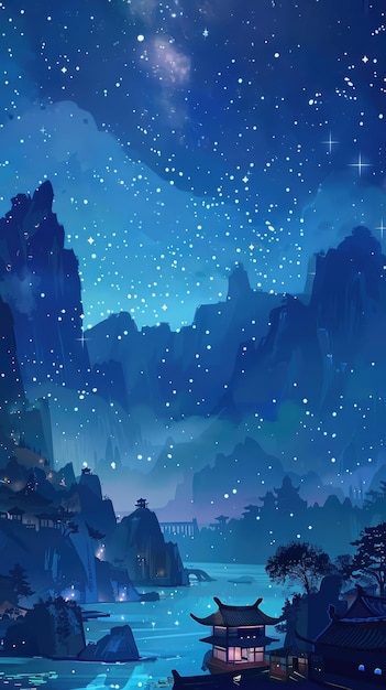 A serene night scene with a lake mountains and twinkling stars in the sky