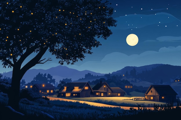 A serene night scene with a large tree and a full moon shining over a small village The homes are illuminated with warm light and the mountains in the background are shrouded in darkness