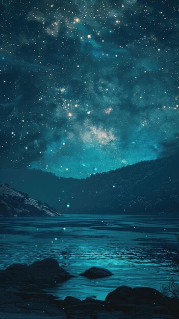 A serene night scene with a vast starry sky over a calm lake