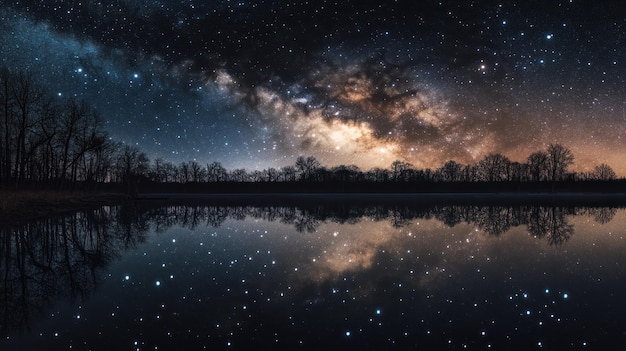 Photo a serene night sky reflected in a calm lake showcasing the beauty of the milky way