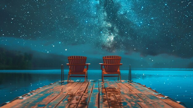 Photo serene night sky over tranquil lake with adirondack chairs