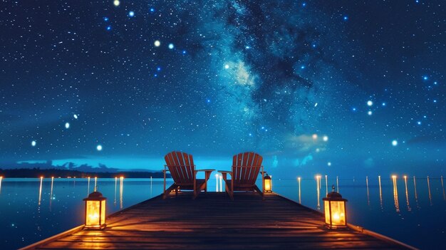 Photo serene night sky over tranquil lake with starry milky way and cozy chairs