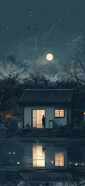 Photo serene nightscape tranquil home under moonlight with reflections