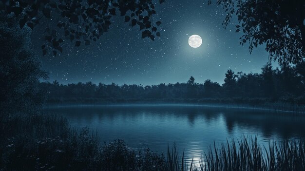 Photo a serene nighttime landscape with ambient moonlight casting gentle shadows and a quiet lake reflecting the calming light of the stars