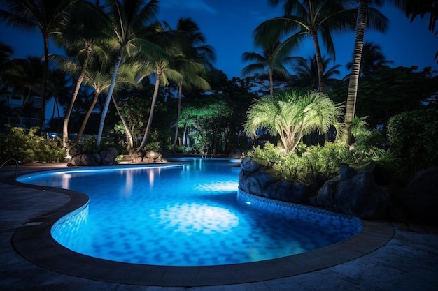 Serene nighttime scene of a luxurious tropical resort pool evoking tranquility and elegance