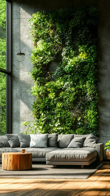 Photo serene oasis indoor vertical garden wall transforming modern living room with lush plant varieties