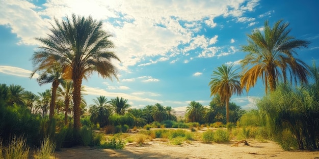 Photo a serene oasis with tall palm trees and lush greenery under a bright blue sky perfect for nature lovers and travel enthusiasts