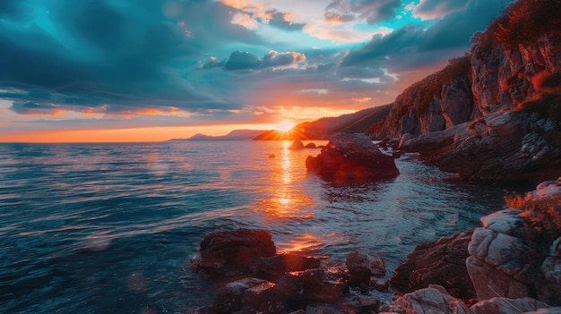 A serene ocean scene at sunset on a cloudy day