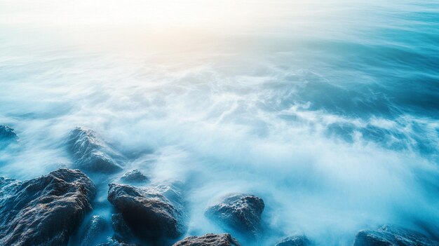 Photo serene ocean waves crashing onto rocky shore view