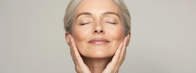 Photo a serene older woman gently massages her face in a calming setting enjoying a selfcare moment for relaxation and rejuvenation