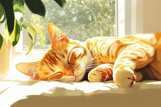 Photo a serene orange tabby cat peacefully sleeping in a sunlit room exuding warmth and tranquility