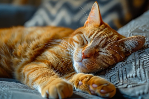 Serene Orange Tabby Cat Sleeping Peacefully on a Grey Blanket