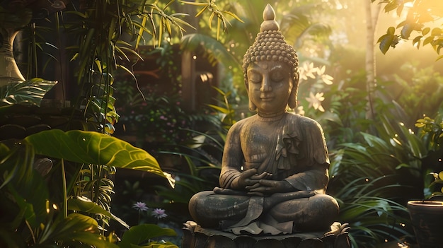 Serene Outdoor Buddha Statue Surrounded by Lush Greenery and Soft Sunlight