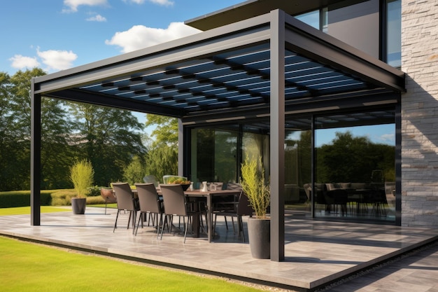 Serene outdoor living summer terrace beneath the canopy of a sleek and contemporary modern house