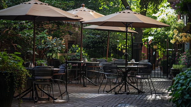 A serene outdoor patio at a cafe with tables and chairs arranged under umbrellas providing a tranquil setting for customers to enjoy their coffee al fresco