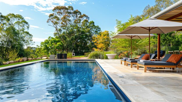 Photo serene outdoor poolside scene with lounging chairs and umbrellas amidst lush greenery