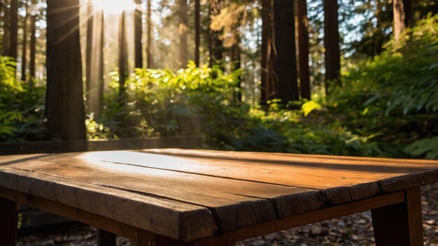 Serene outdoor scene with a wooden bench in sunlit nature