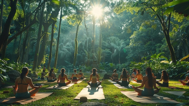 Serene Outdoor Yoga Class in Lush Park Setting Captured with Canon EOS RP Peaceful Meditation and Healthy Lifestyle Concept