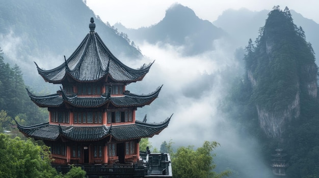 Serene Pagoda Amidst Misty Mountain Peaks