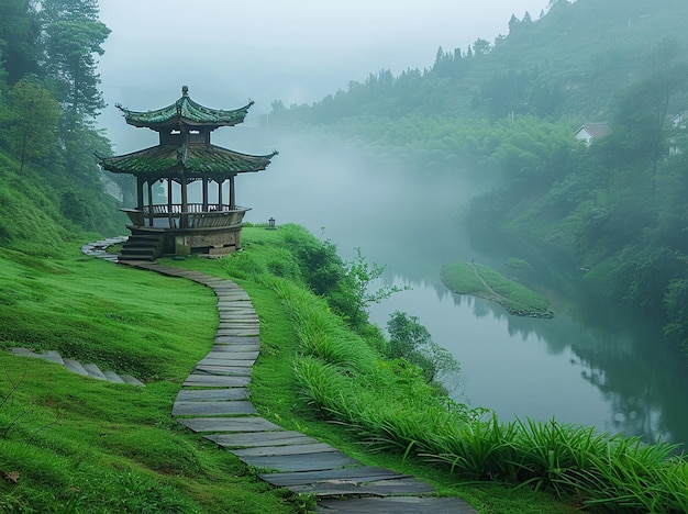 Photo serene pagoda on a misty mountainside