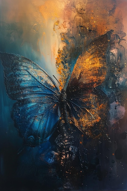 A serene painting of a butterfly with one wing perfectly detailed and the other abstract