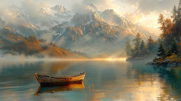 Photo a serene painting of a calm mountain lake at dawn with a boat on the water