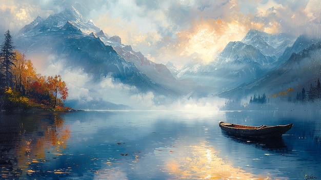 Photo a serene painting of a calm mountain lake at dawn with a boat on the water