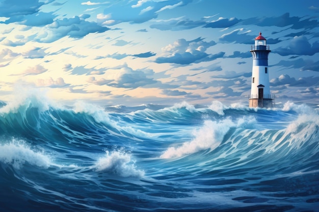 A serene painting of a lighthouse in the vast ocean Suitable for travel brochures or coastal themed designs