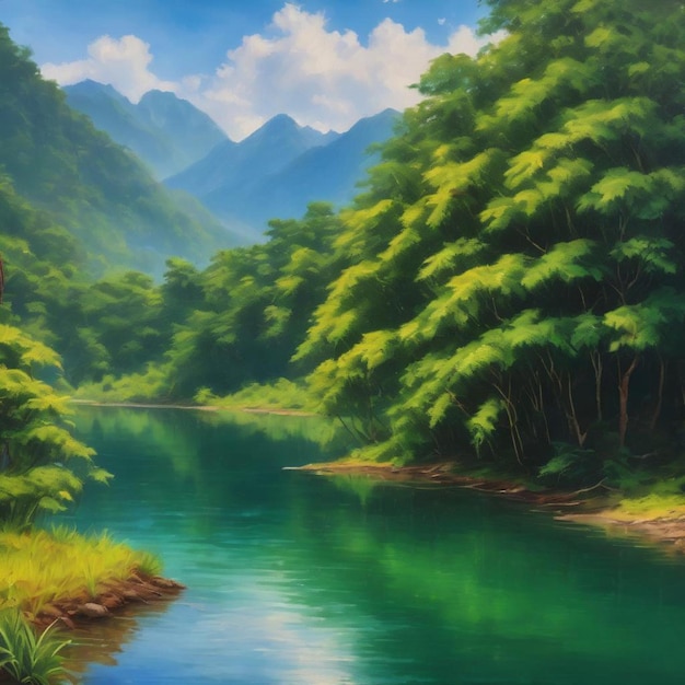 A serene painting of a river flowing through a forest with tall trees and majestic mountains