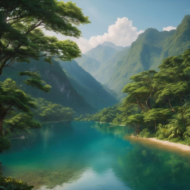 A serene painting of a river surrounded by lush green trees and towering mountains