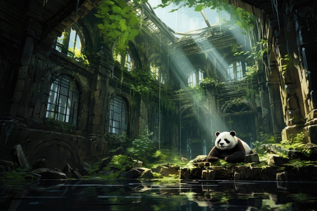 Serene panda next to the temple in ruins wrapped by mystical nature generative IA