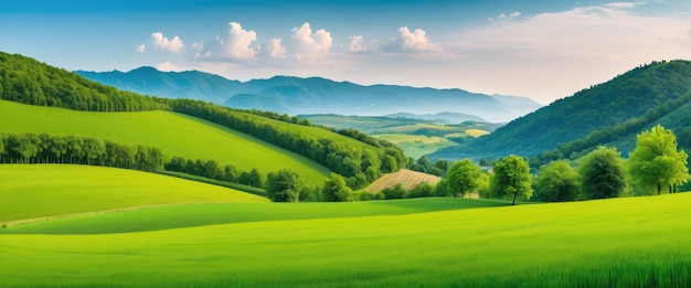 The serene panoramic view reveals the lush green countryside a tranquil sight to behold in natures