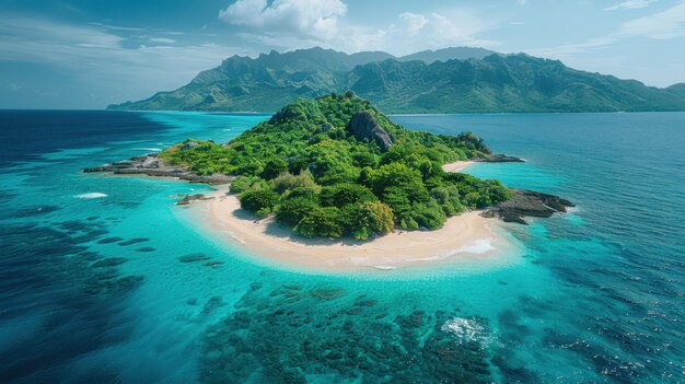 Serene Paradise Aerial View of Exotic Tropical Island with Turquoise Waters and White Sandy Beaches Captured with DJI Mavic 2 Pro Drone