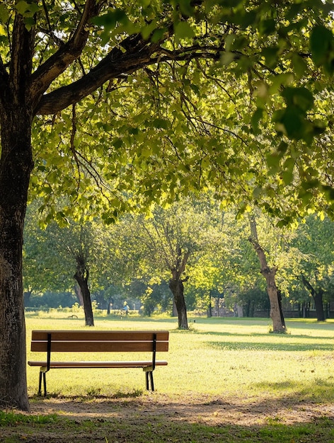 Photo serene park bench under lush green trees tranquil outdoor retreat