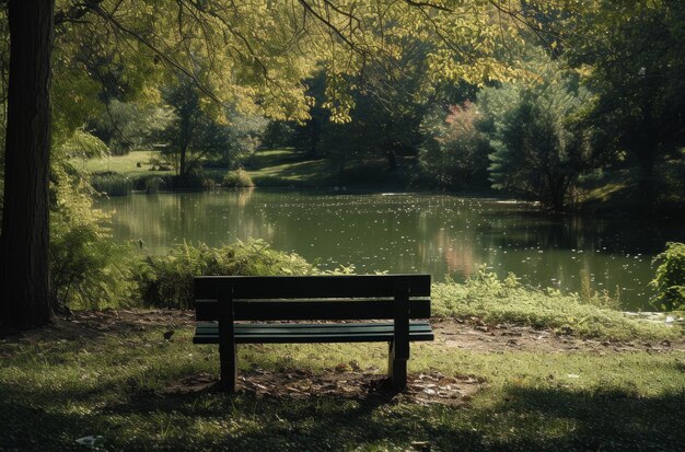 Photo serene park bench overlooking a tranquil pond