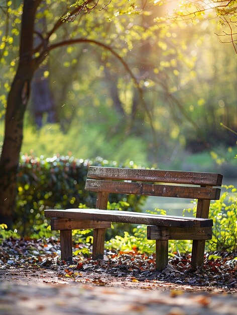 Serene Park Bench in Sunlit Forest