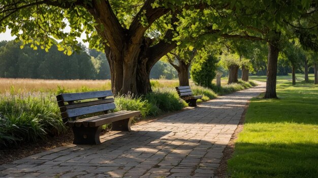 A serene park path lined by trees and a bench bathed in sunlight