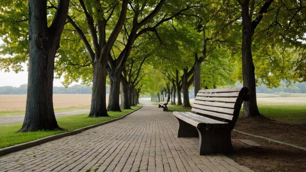 A serene park path lined by trees and a bench bathed in sunlight