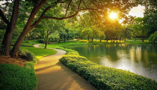 Photo a serene park path winding through lush greenery leading to a tranquil lake under a warm sunset